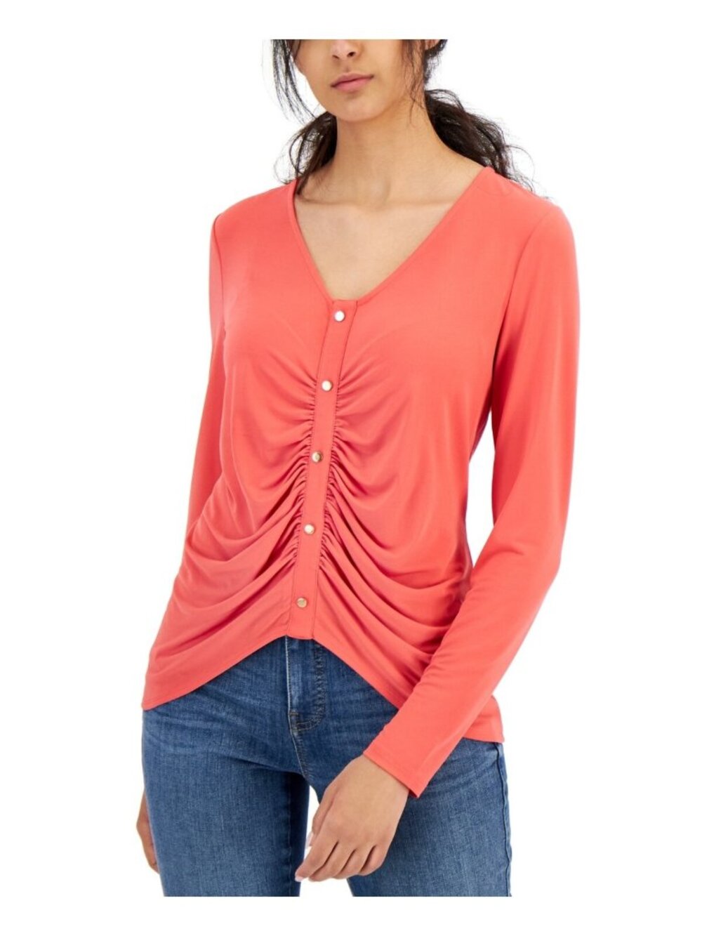 INC International Ruched Womens Long Sleeve Shirt Size XL Top Button Detail